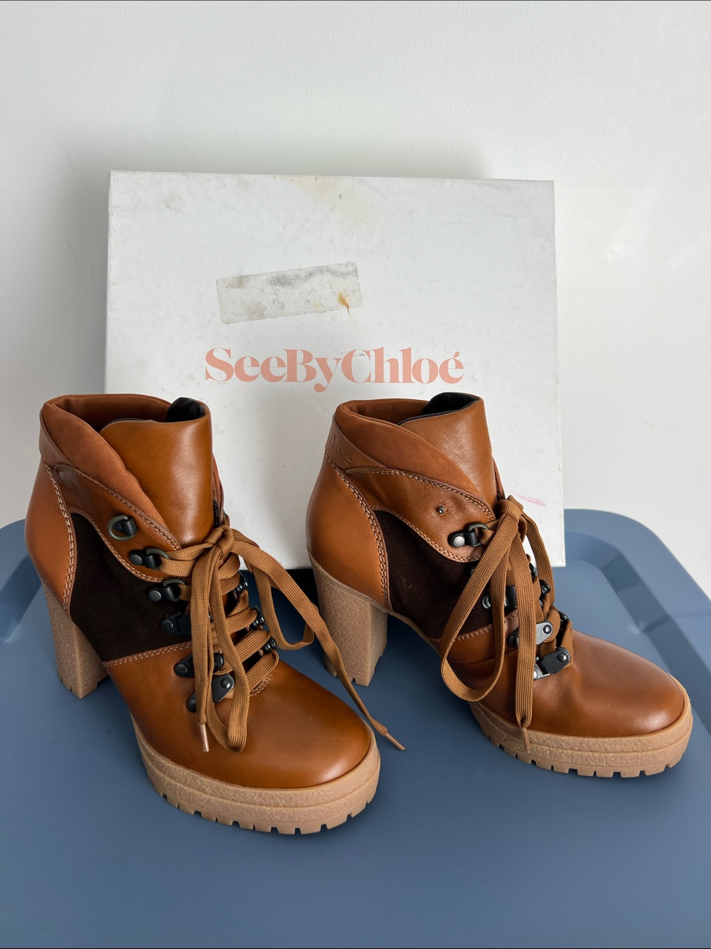 See By Chloe Claudia Heeled Clog Boots Brown And Tan Lace-Up 39